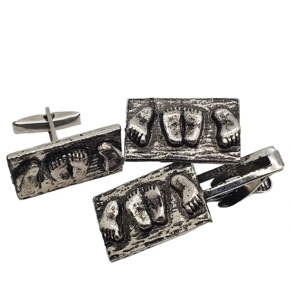 Silver Tone Footprint Cufflinks Tie Clip Baby Feet Toes Bar Clasp Twins Vintage